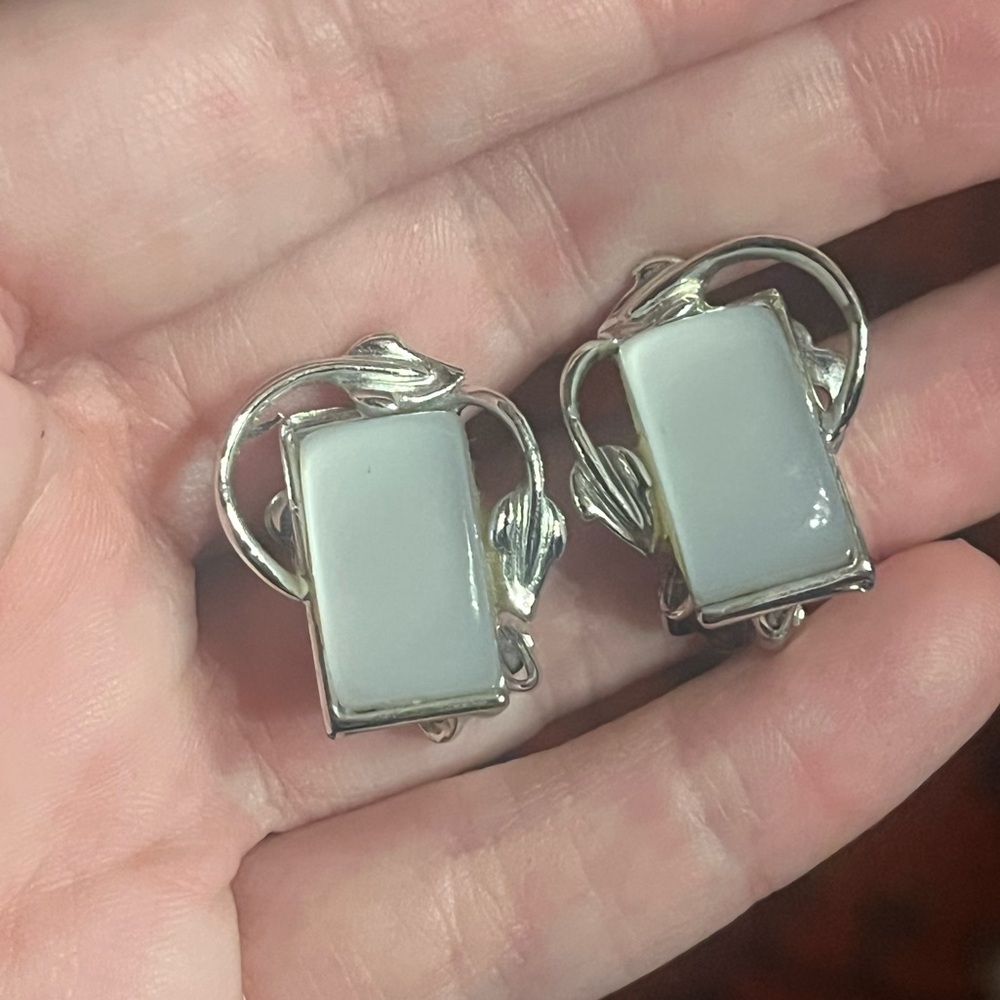Vintage Silver Tone Clip Earrings with Moonstone Like Stones Coro